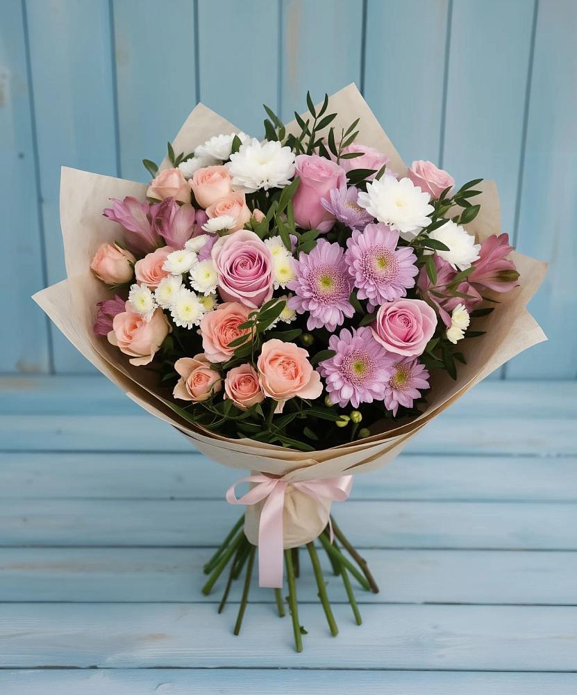 Букет цветов из: Хризантемы, Розы и Альстромерии в Базарный Сызган