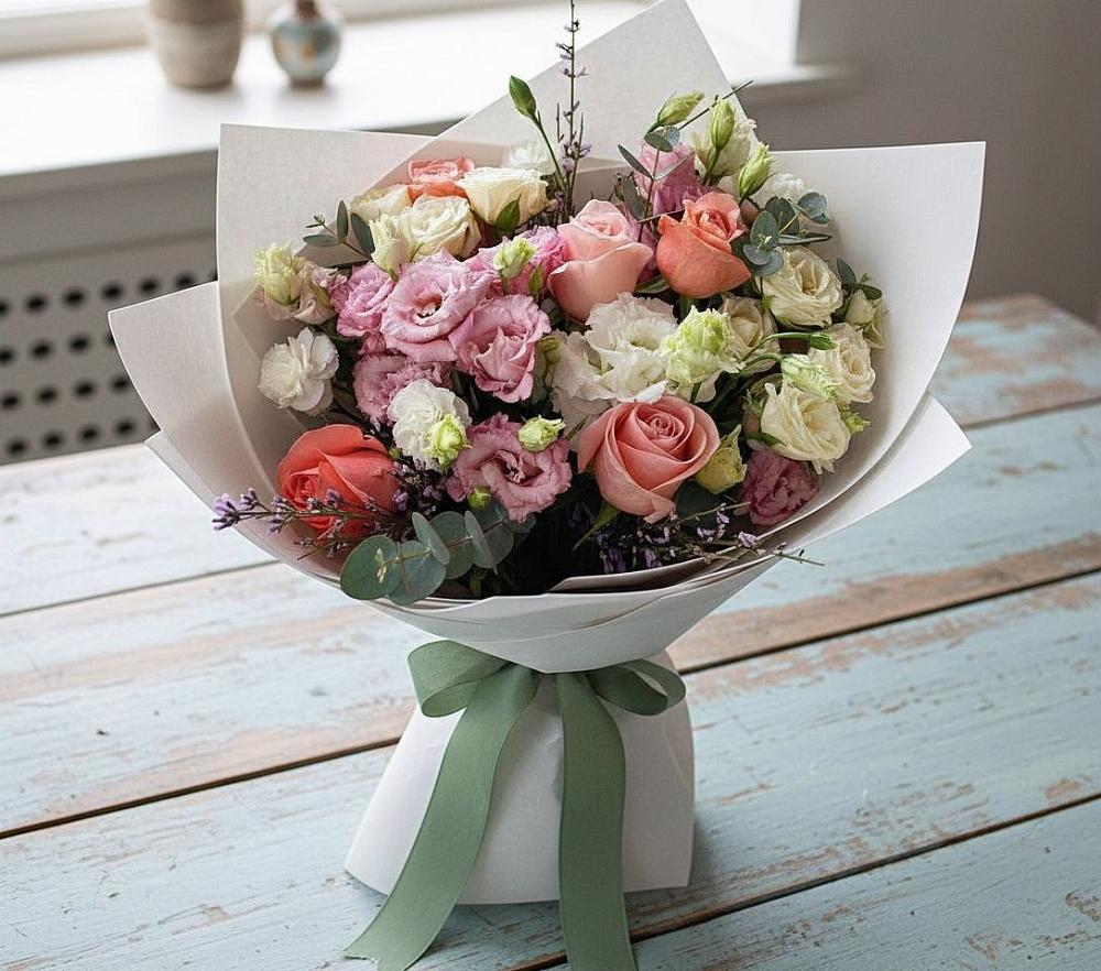 Букет цветов из: Розы, Лизиантусы и Гвоздики в Базарный Сызган