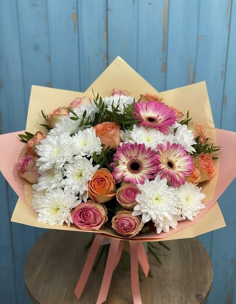 Букет цветов из: Розы, Герберы и Хризантемы в Базарный Сызган