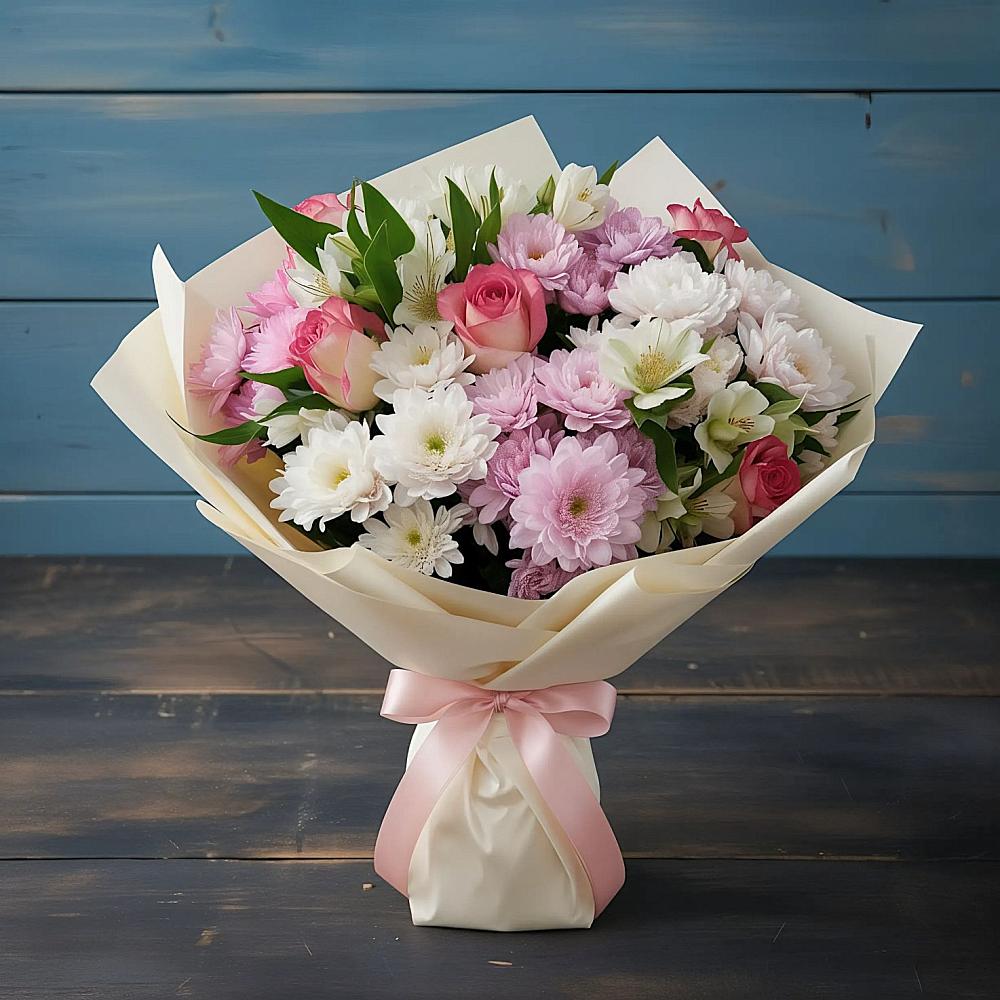 Букет цветов из: Хризантемы, Альстромерии и Розы в Базарный Сызган